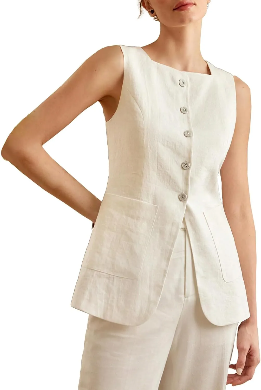 2025 Womens Summer Long Linen Vest Sleeveless Lightweight Fully-Lined Single Breasted Casual Work Tops Pockets
