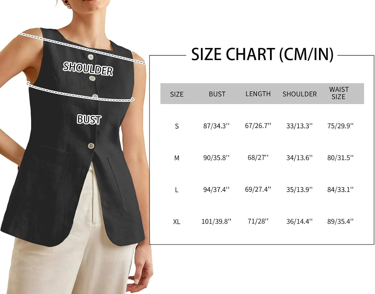 2025 Womens Summer Long Linen Vest Sleeveless Lightweight Fully-Lined Single Breasted Casual Work Tops Pockets