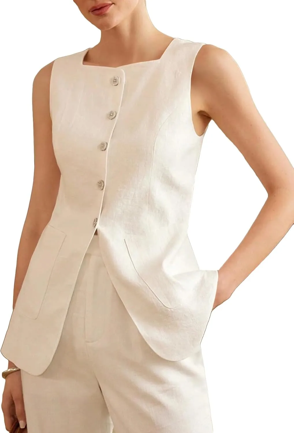 2025 Womens Summer Long Linen Vest Sleeveless Lightweight Fully-Lined Single Breasted Casual Work Tops Pockets