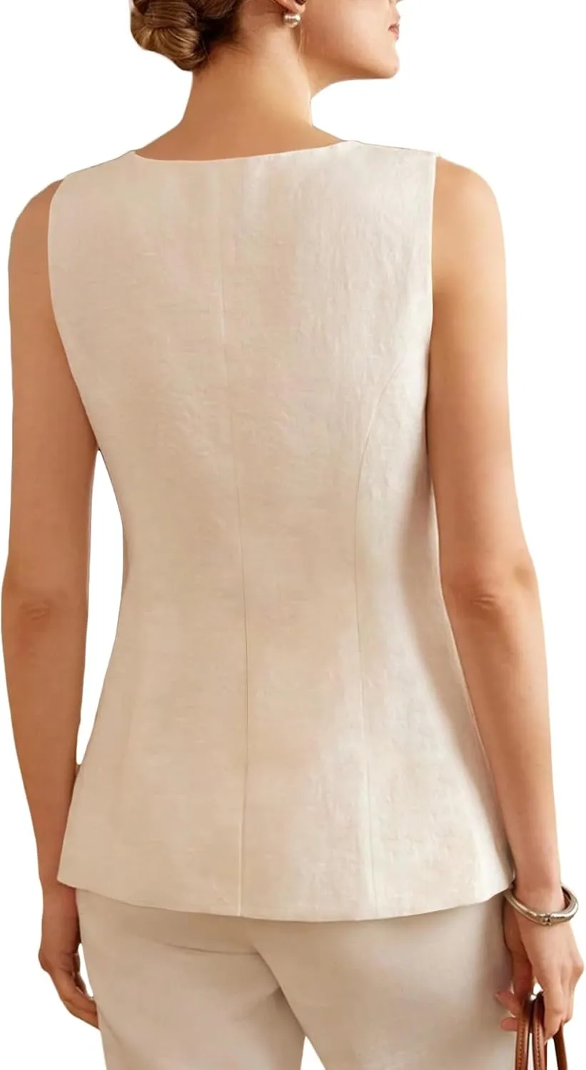 2025 Womens Summer Long Linen Vest Sleeveless Lightweight Fully-Lined Single Breasted Casual Work Tops Pockets