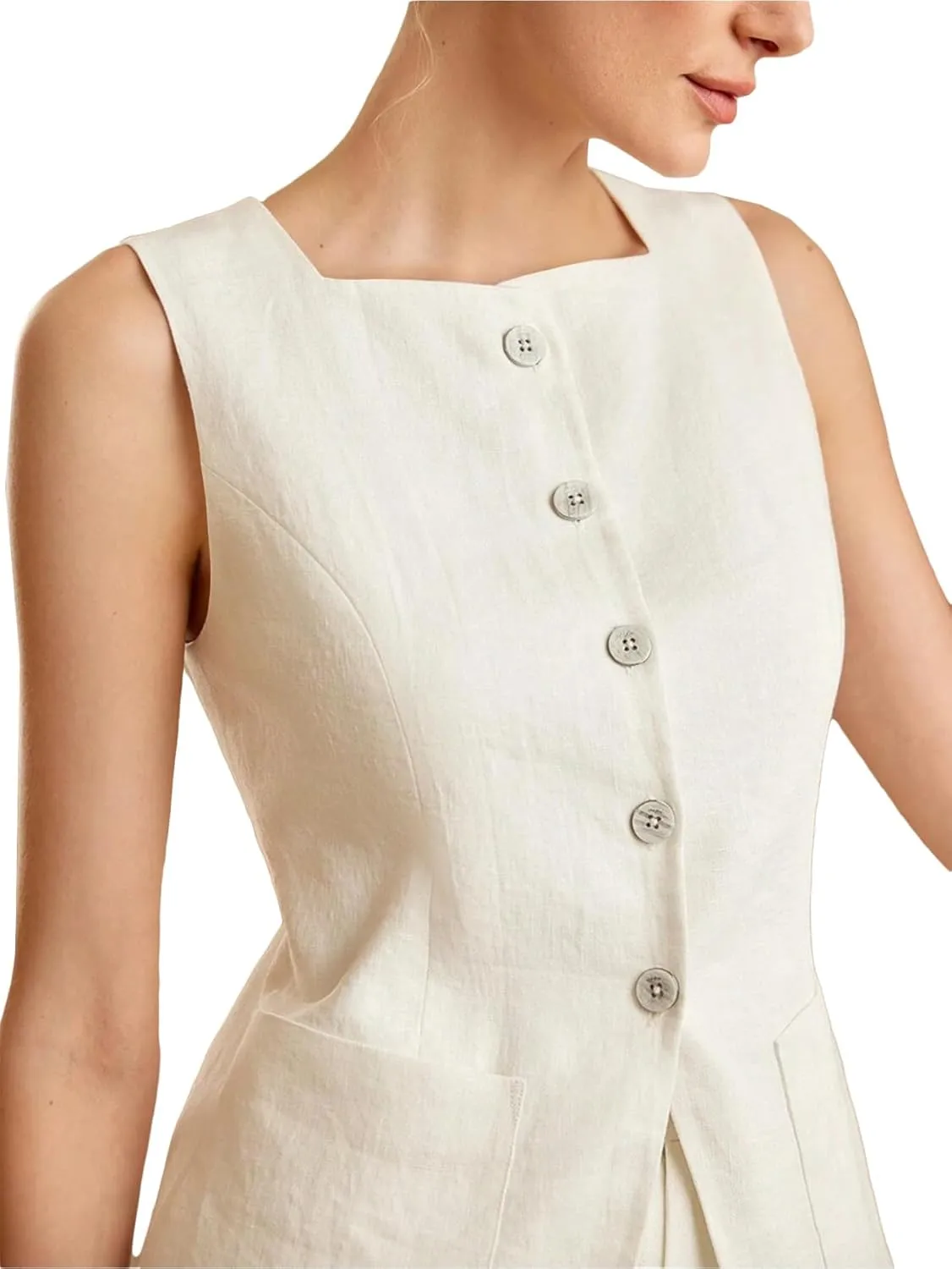 2025 Womens Summer Long Linen Vest Sleeveless Lightweight Fully-Lined Single Breasted Casual Work Tops Pockets