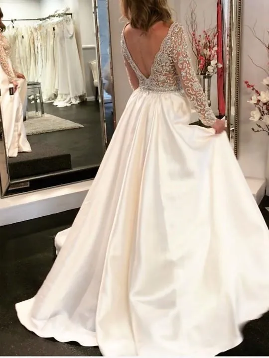 A-line V-neck See Through Bodice Beaded Long Sleeves Wedding Dresses SEW031