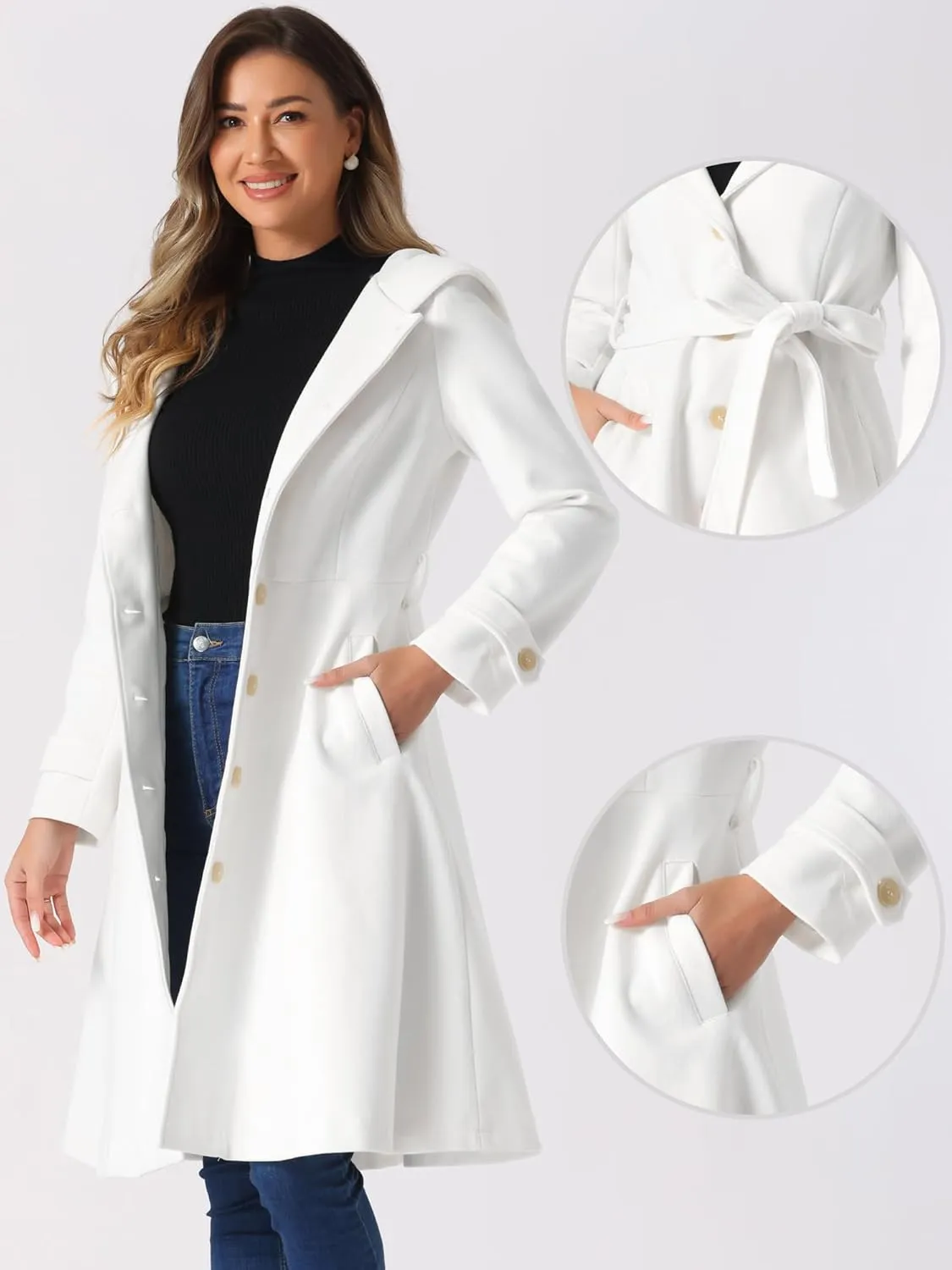 Allegra K Winter Coat for Women's Single Breasted Hooded Trench Coat Long Sleeve Overcoat with Pockets