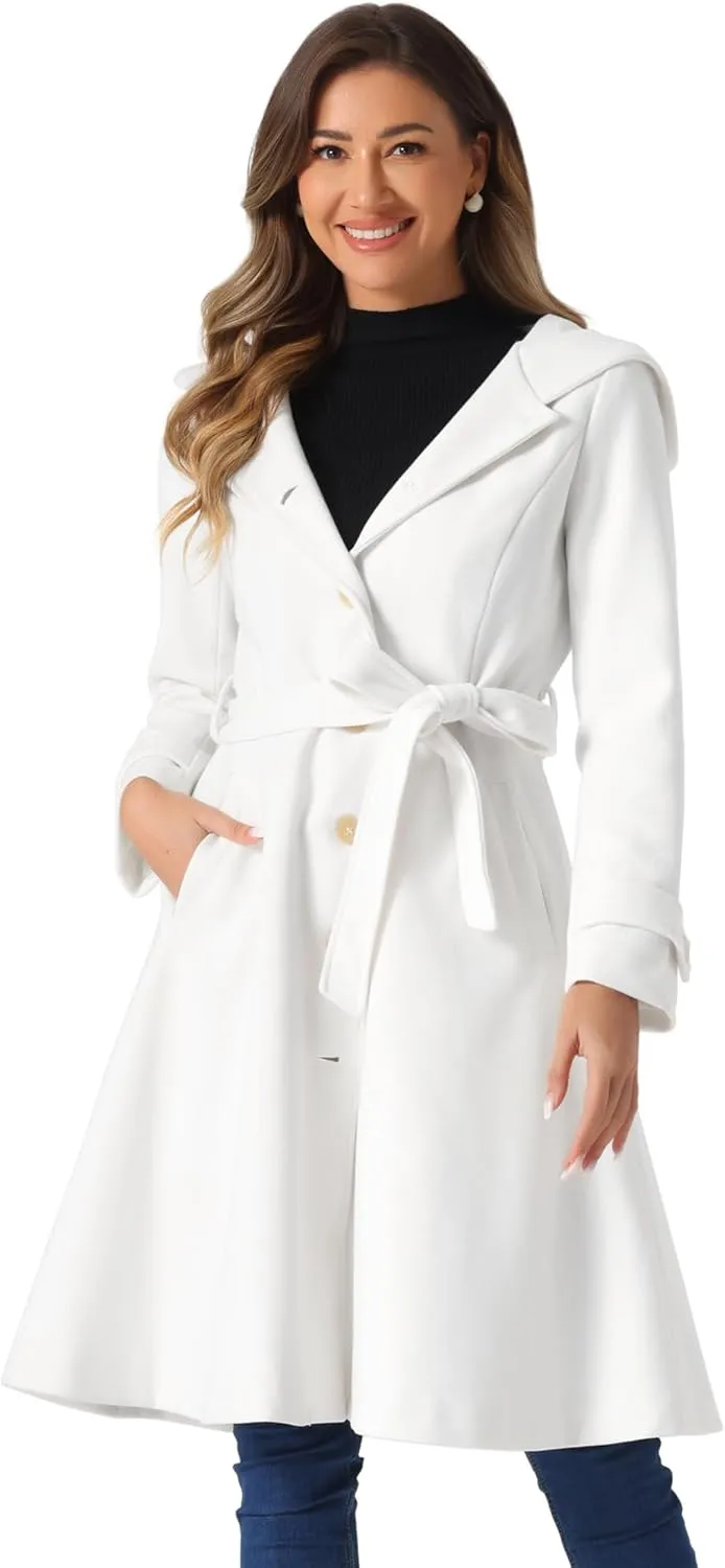 Allegra K Winter Coat for Women's Single Breasted Hooded Trench Coat Long Sleeve Overcoat with Pockets