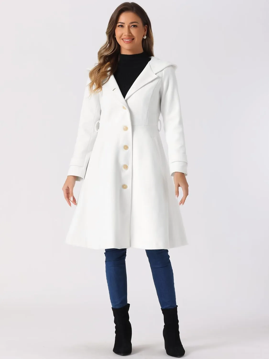 Allegra K Winter Coat for Women's Single Breasted Hooded Trench Coat Long Sleeve Overcoat with Pockets