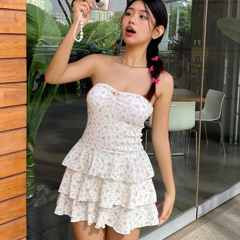 Backless One-shoulder Birthday Party Slim Frill Short Floral Mini Dress