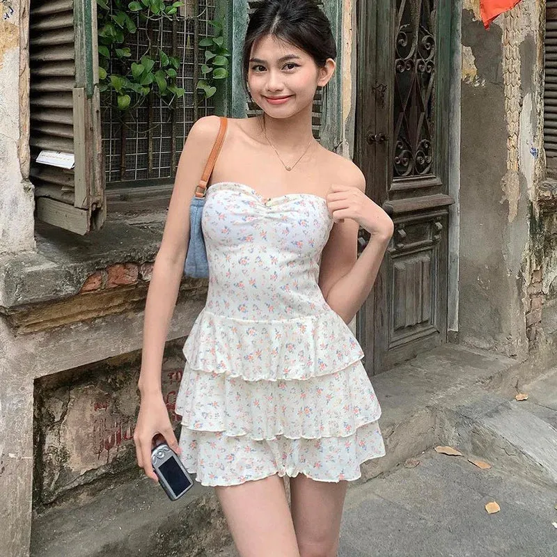 Backless One-shoulder Birthday Party Slim Frill Short Floral Mini Dress
