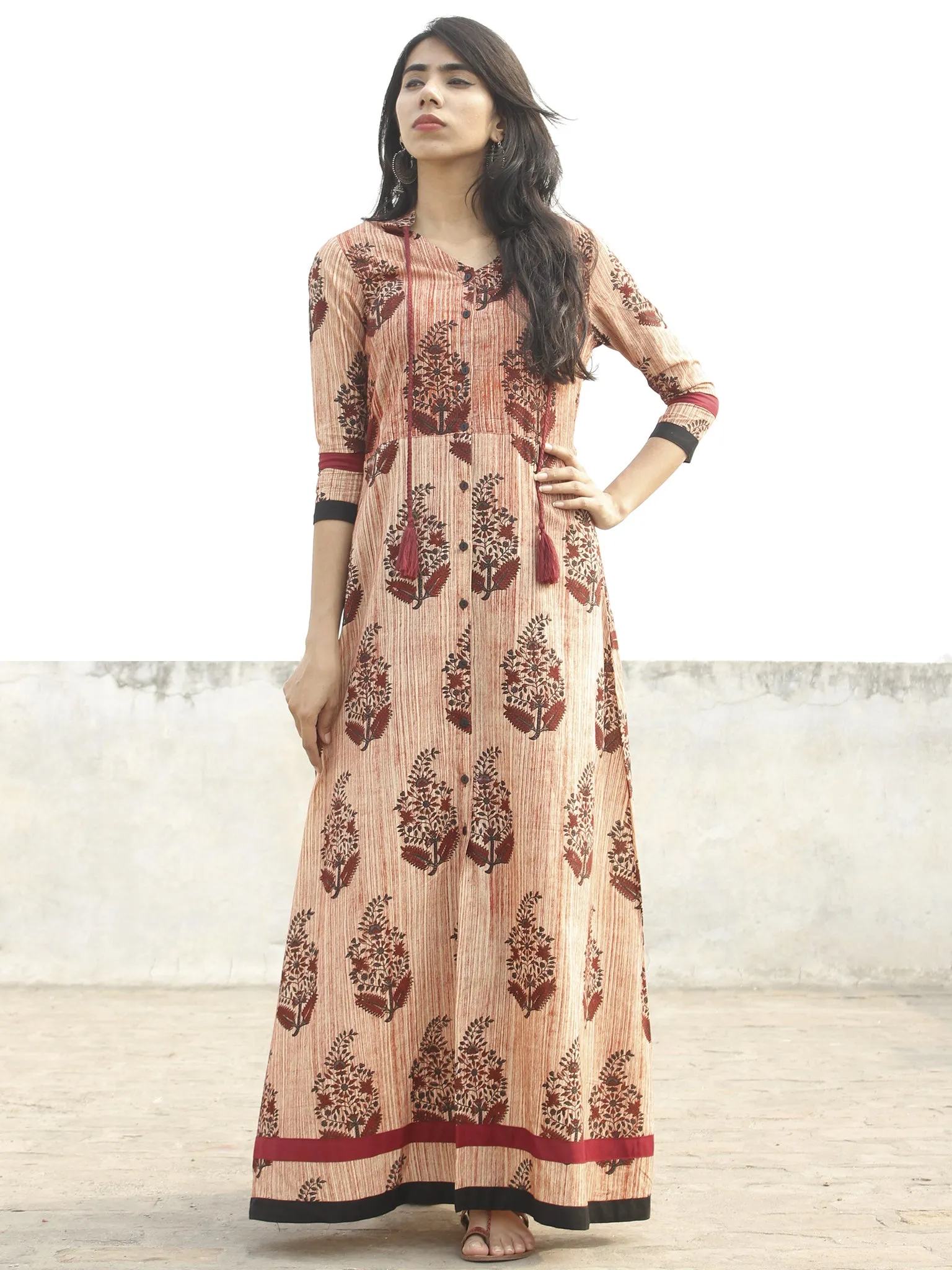 Beige Maroon Black Hand Blocked Cotton Long Dress With Stand Collar  - D165F1156