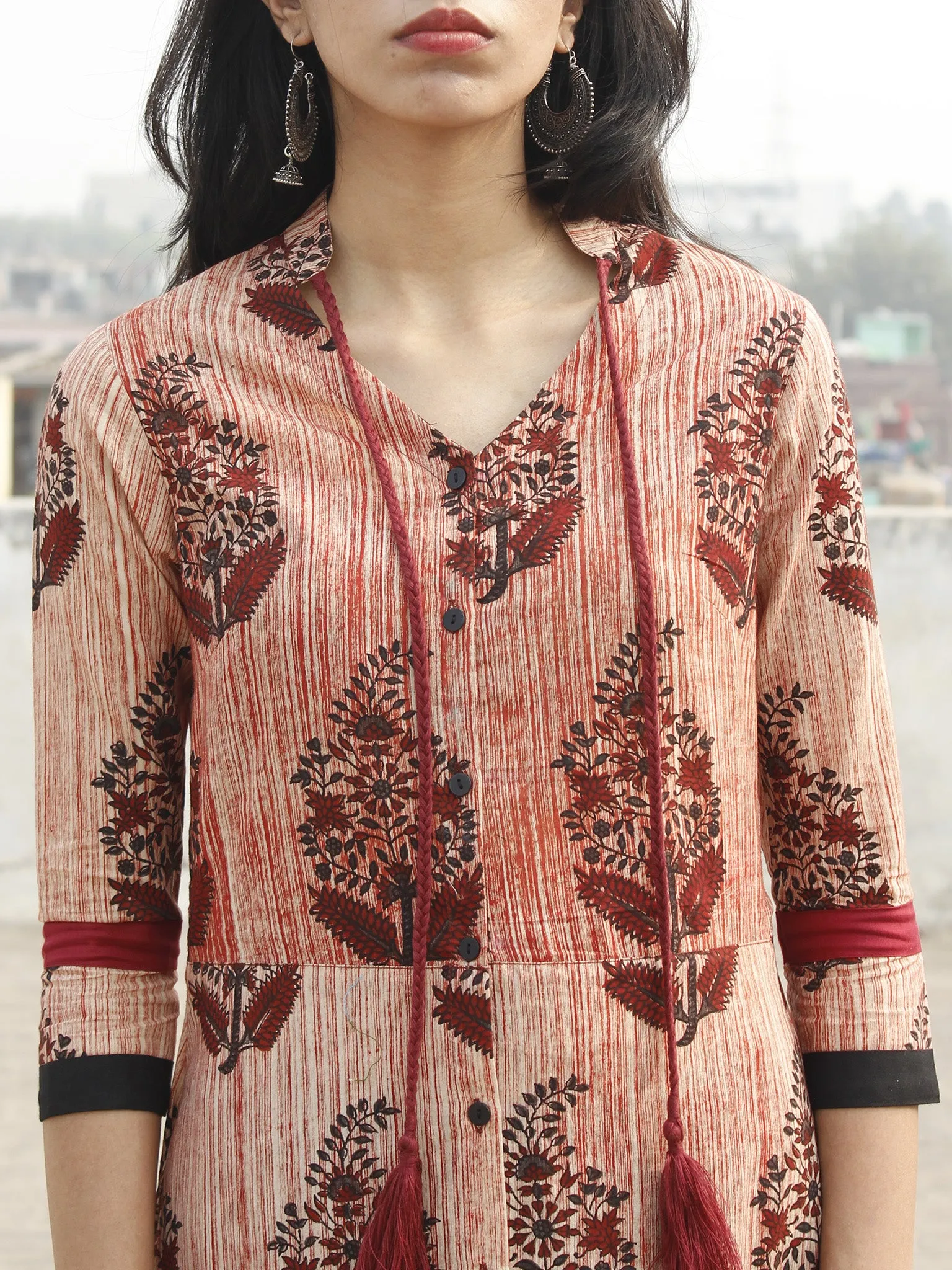 Beige Maroon Black Hand Blocked Cotton Long Dress With Stand Collar  - D165F1156