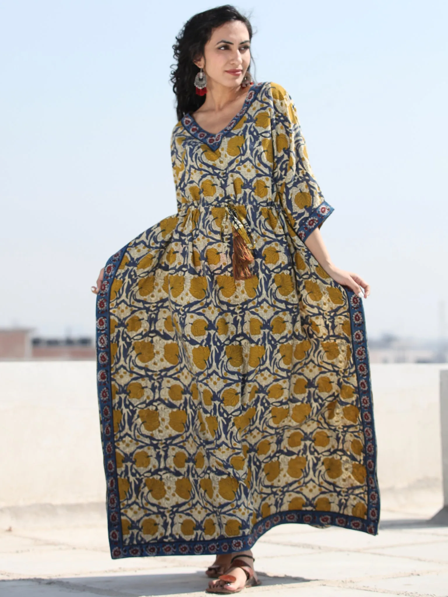 Beige Mustard Indigo Hand Block Printed Kaftan - K124F2137