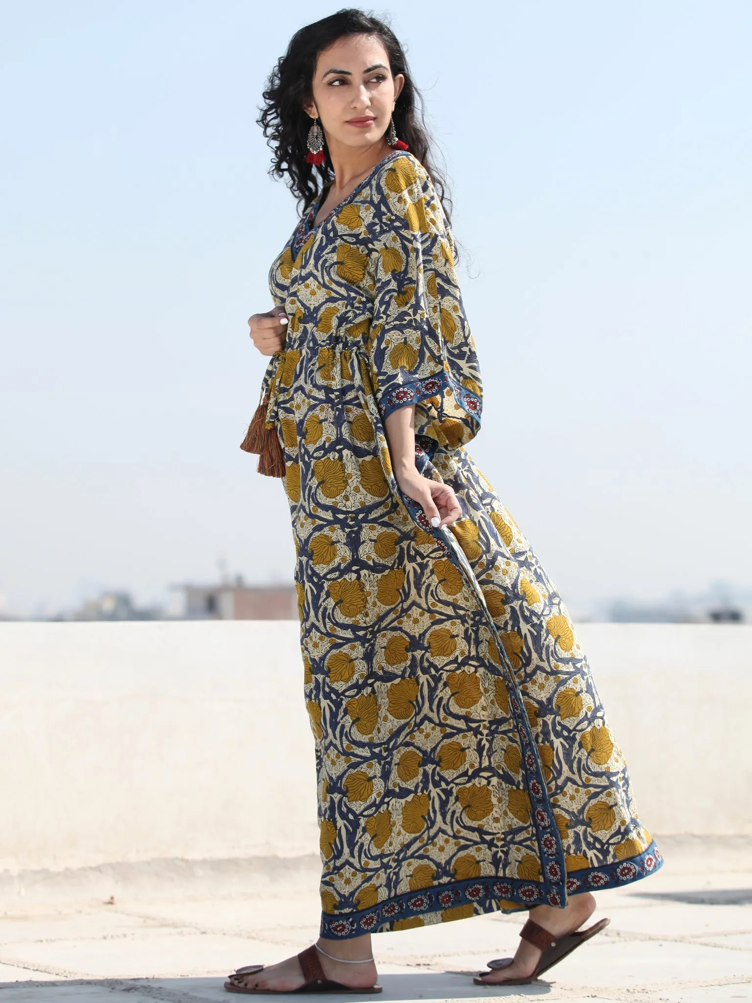 Beige Mustard Indigo Hand Block Printed Kaftan - K124F2137