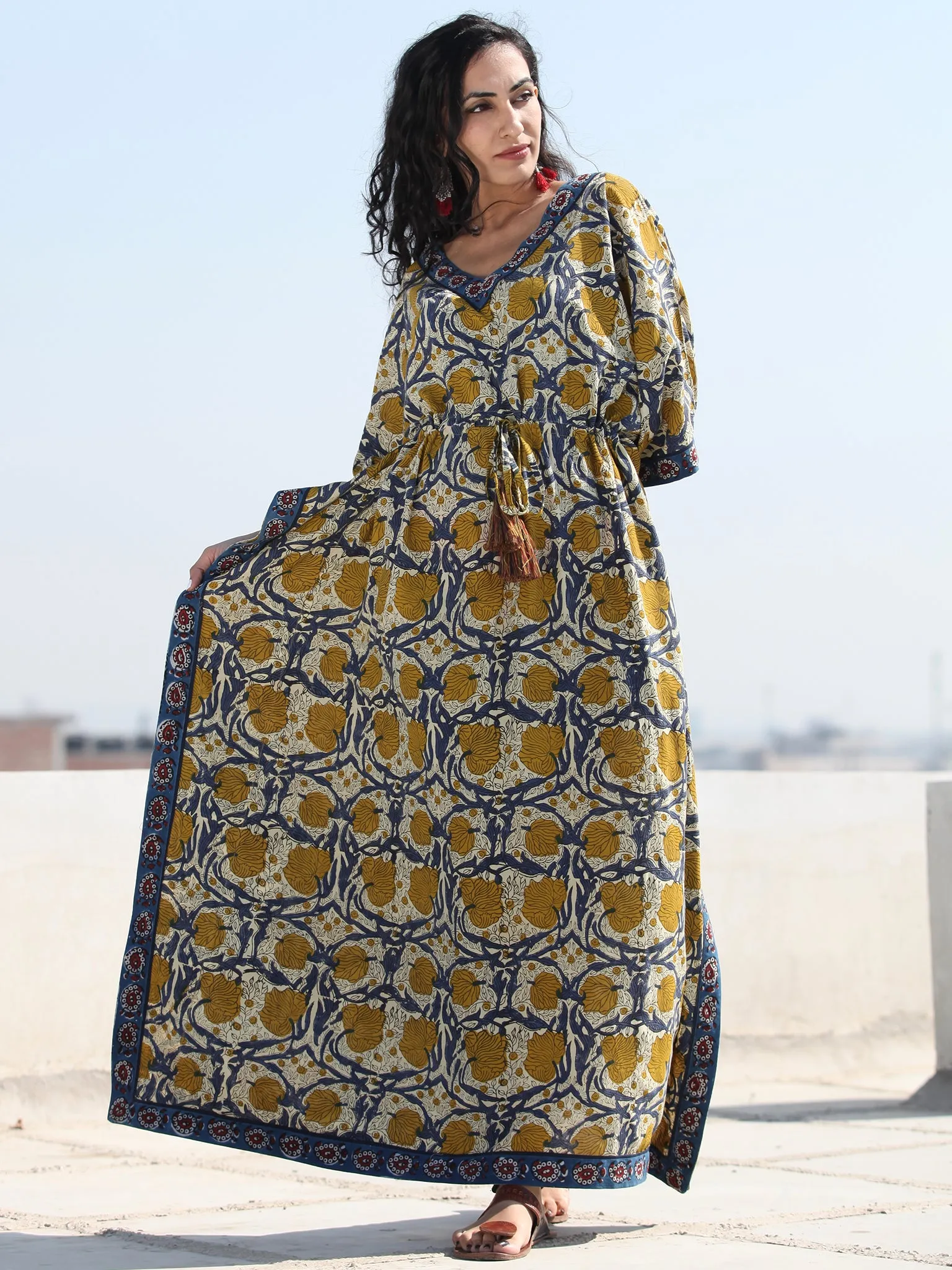 Beige Mustard Indigo Hand Block Printed Kaftan - K124F2137