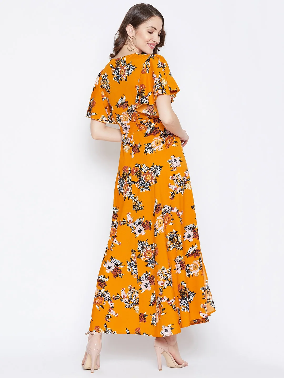 Berrylush Women Mustard Yellow Floral Printed V-Neck Maxi Dress