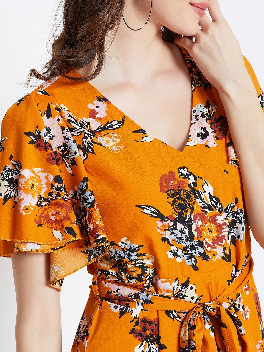 Berrylush Women Mustard Yellow Floral Printed V-Neck Maxi Dress