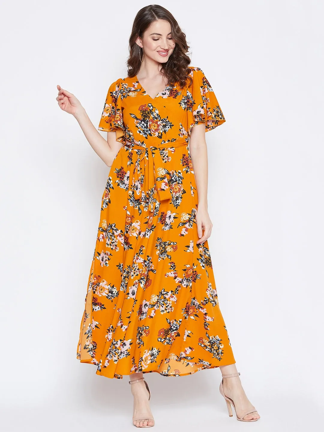 Berrylush Women Mustard Yellow Floral Printed V-Neck Maxi Dress