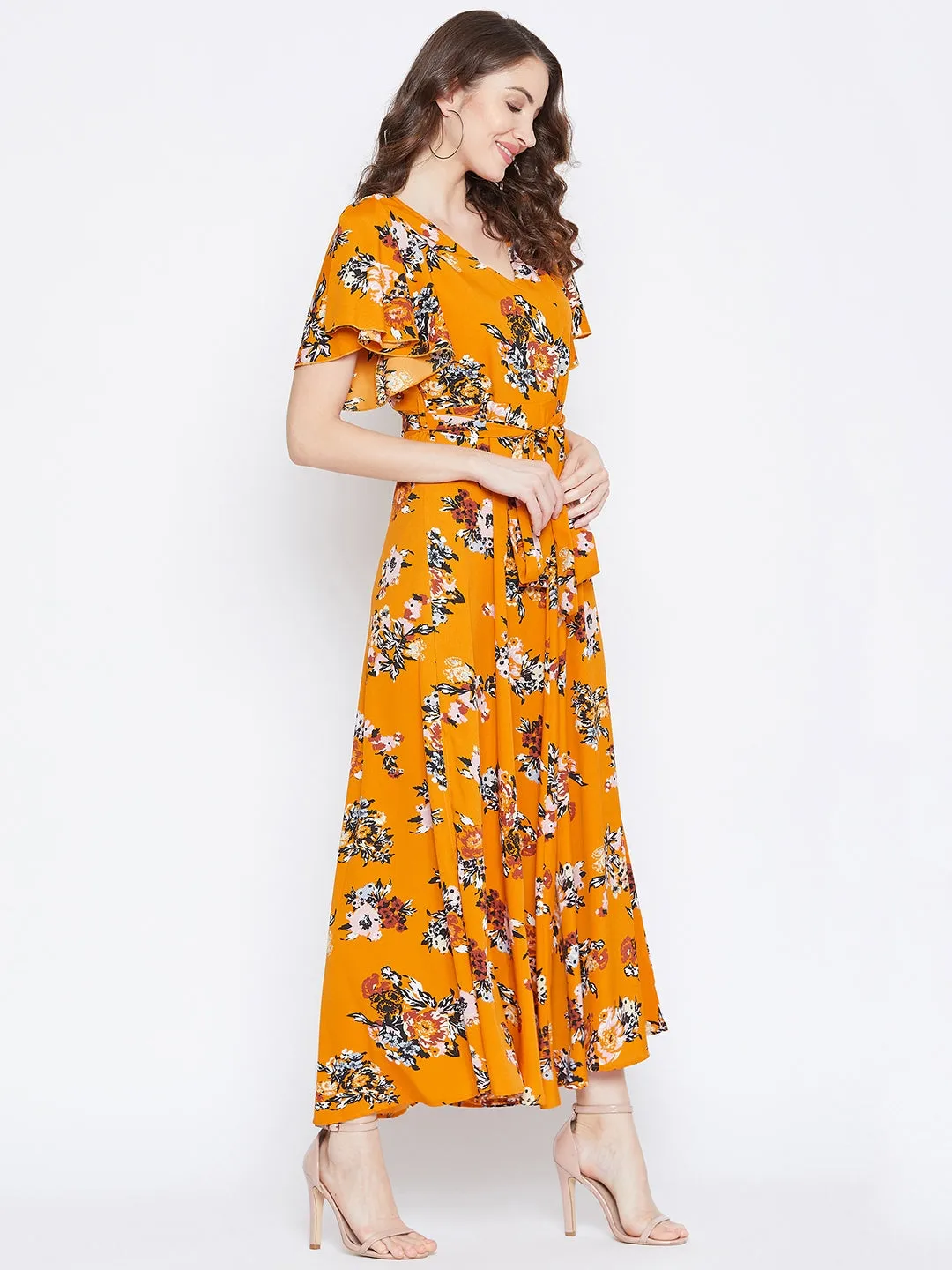 Berrylush Women Mustard Yellow Floral Printed V-Neck Maxi Dress