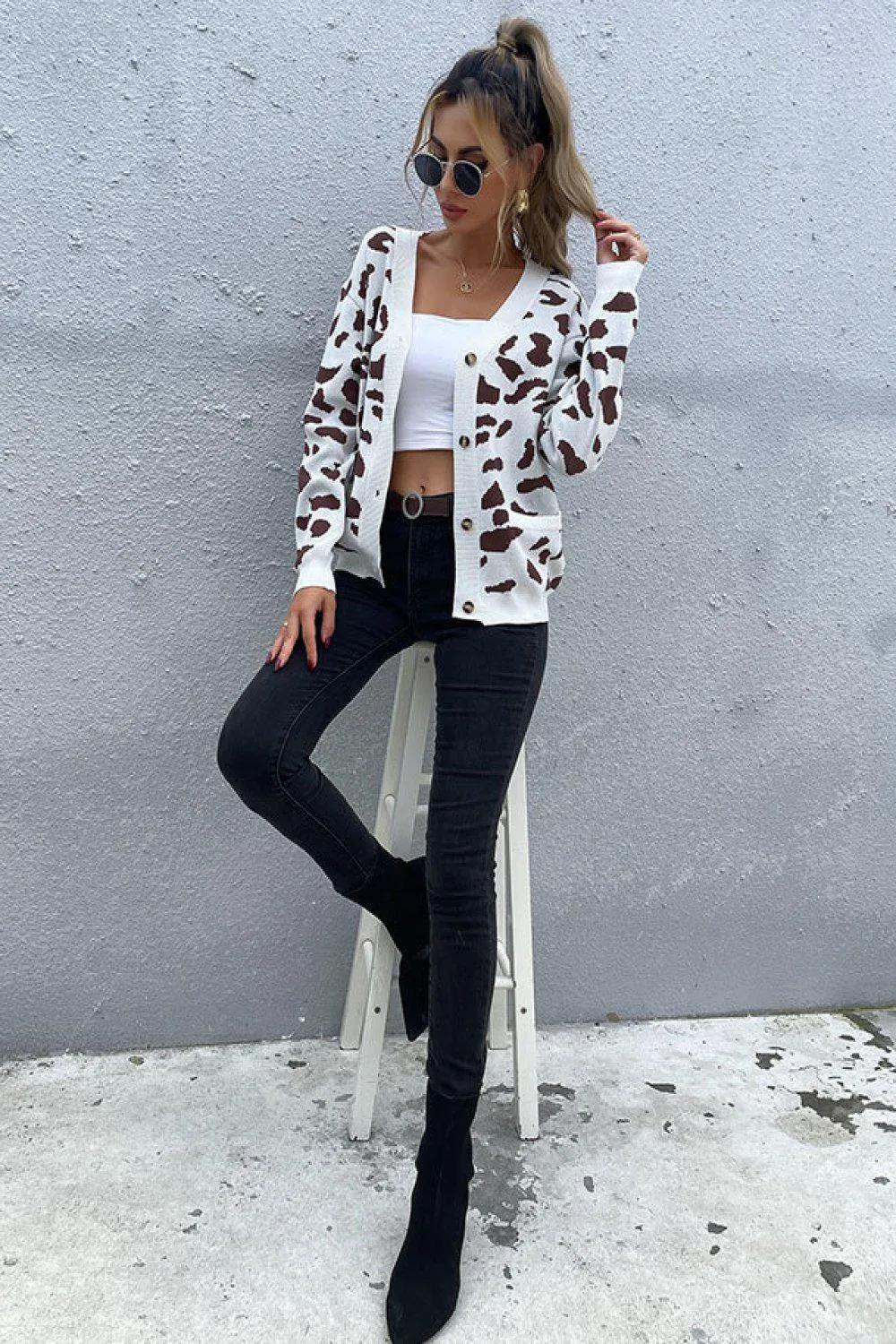 Blue Zone Planet |  Animal Print Button Front Sweater Cardigan