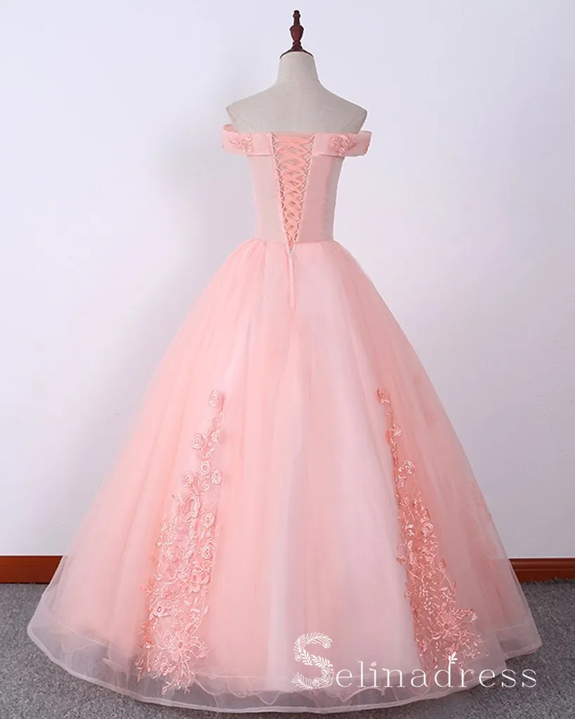 Blush Pink Long Prom Dresses Ball Gown Off-the-shoulder Lace Formal Evening Gowns SED119