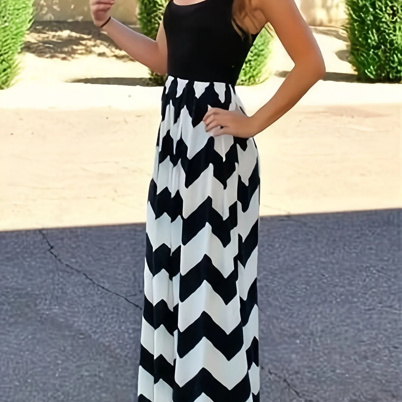Casual Striped Sleeveless Maxi 
 Crew Neck Vest Dress, Casual Every Day Dress