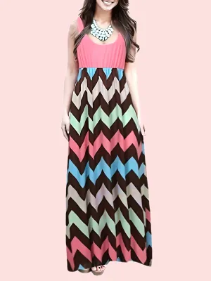 Casual Striped Sleeveless Maxi 
 Crew Neck Vest Dress, Casual Every Day Dress