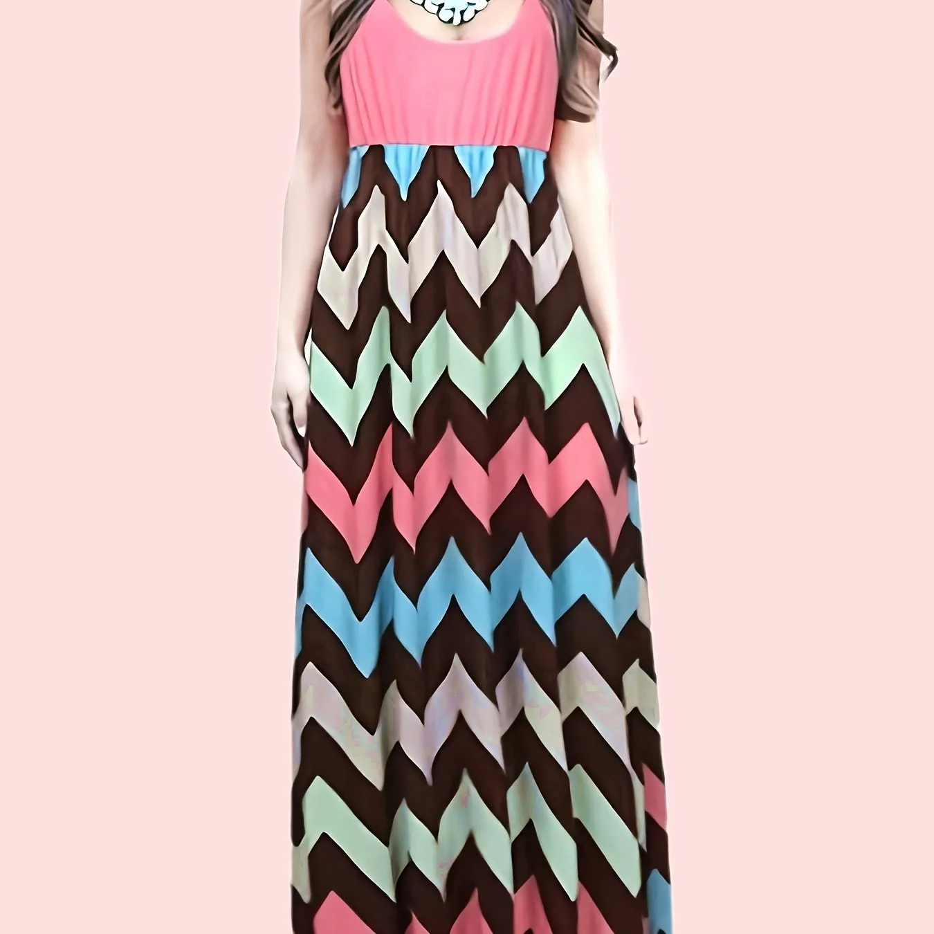Casual Striped Sleeveless Maxi 
 Crew Neck Vest Dress, Casual Every Day Dress