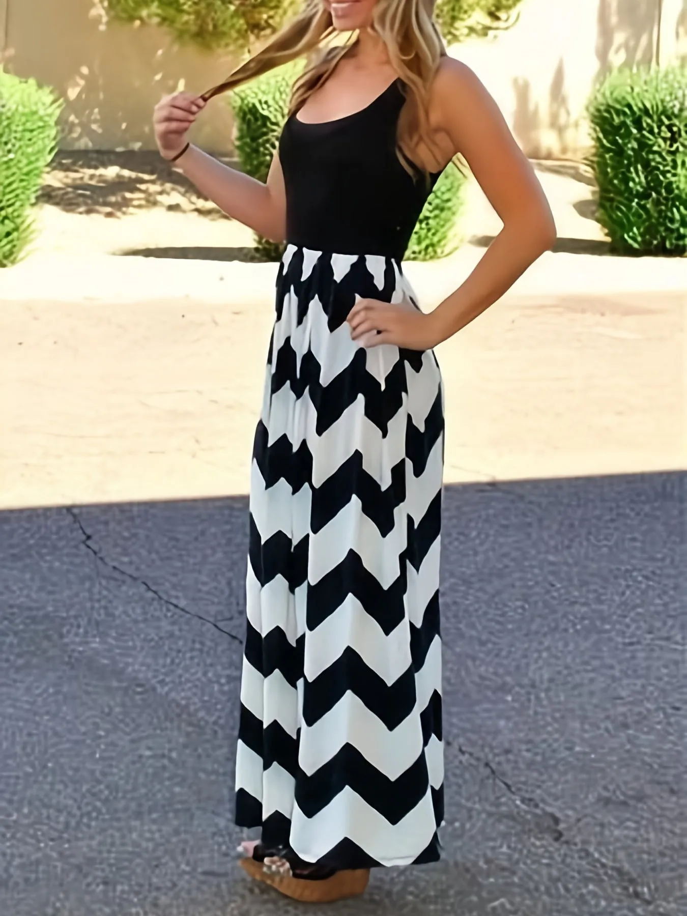 Casual Striped Sleeveless Maxi 
 Crew Neck Vest Dress, Casual Every Day Dress