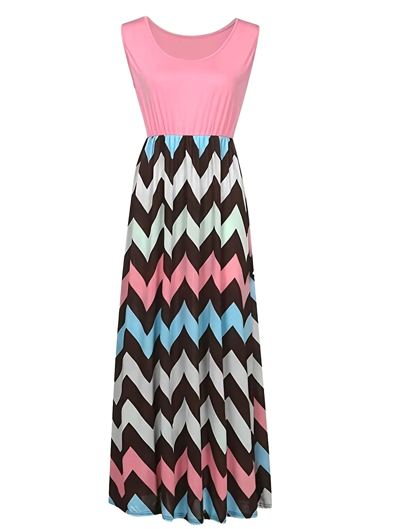 Casual Striped Sleeveless Maxi 
 Crew Neck Vest Dress, Casual Every Day Dress