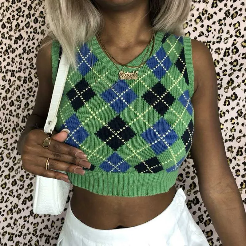 Checkered Cropped Knitted Tank Argyle Sleeveless Jumper