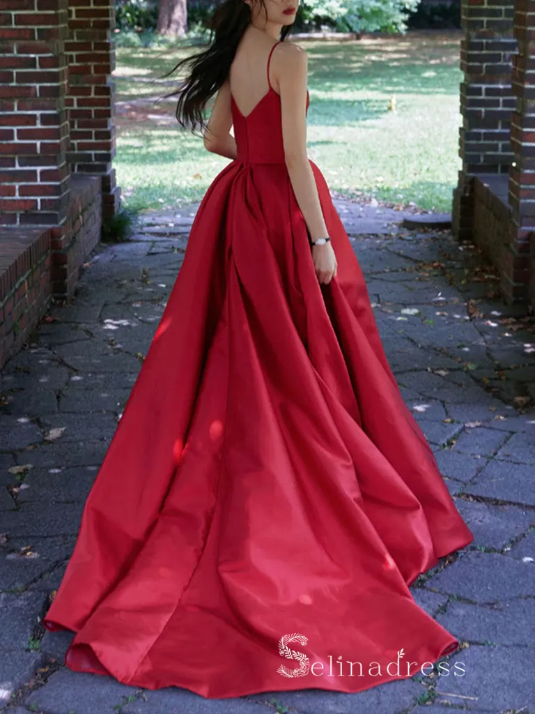 Chic A-line Spaghetti Straps Red Simple Long Prom Dresses Satin Evening Dresses MLH1225