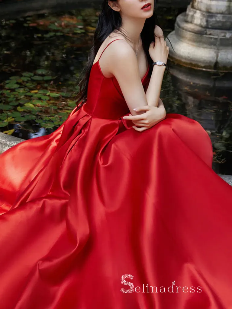 Chic A-line Spaghetti Straps Red Simple Long Prom Dresses Satin Evening Dresses MLH1225