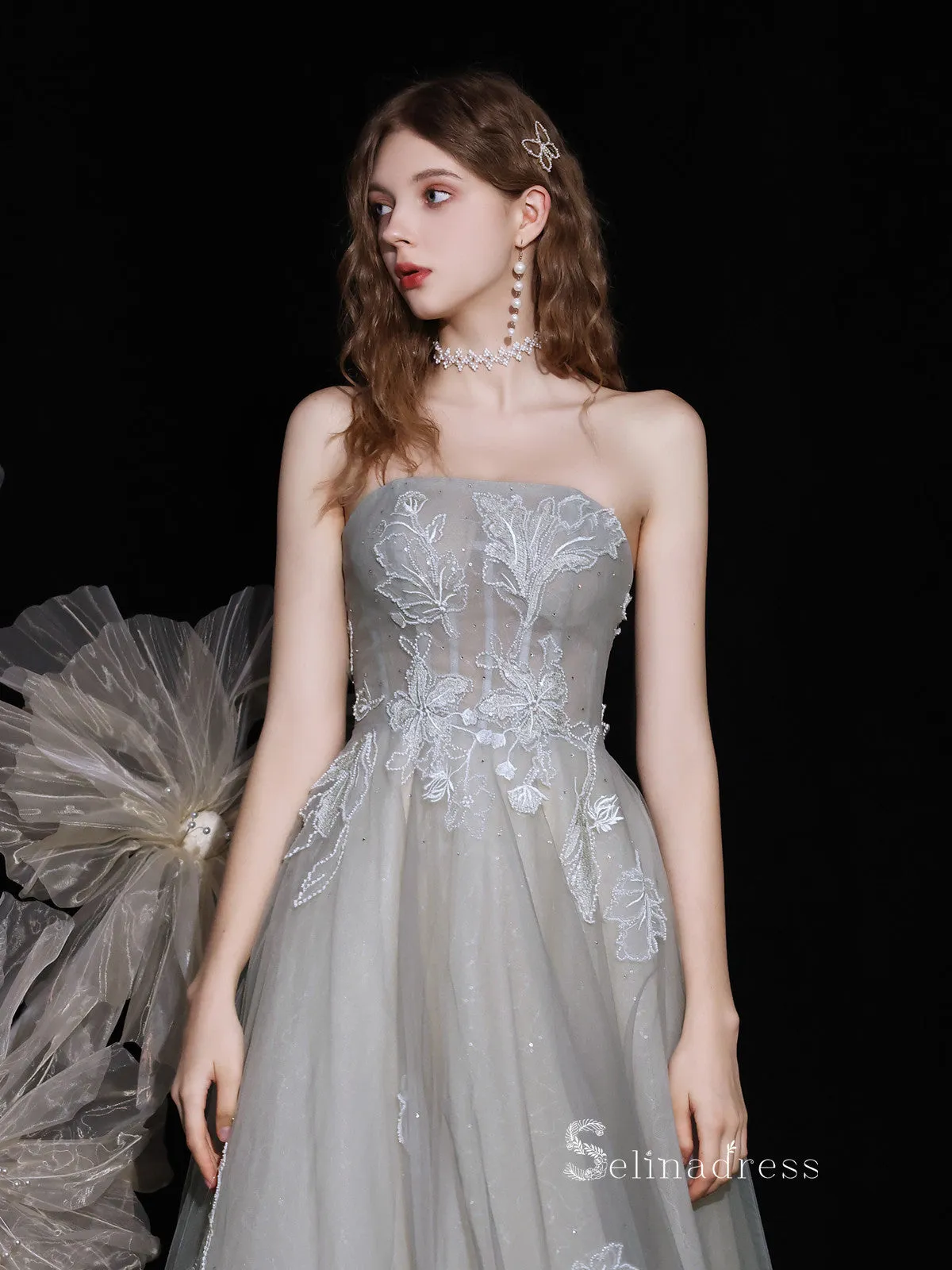 Chic A-line Strapless Unique Long Prom Dresses Cheap Formal Gowns CBD115