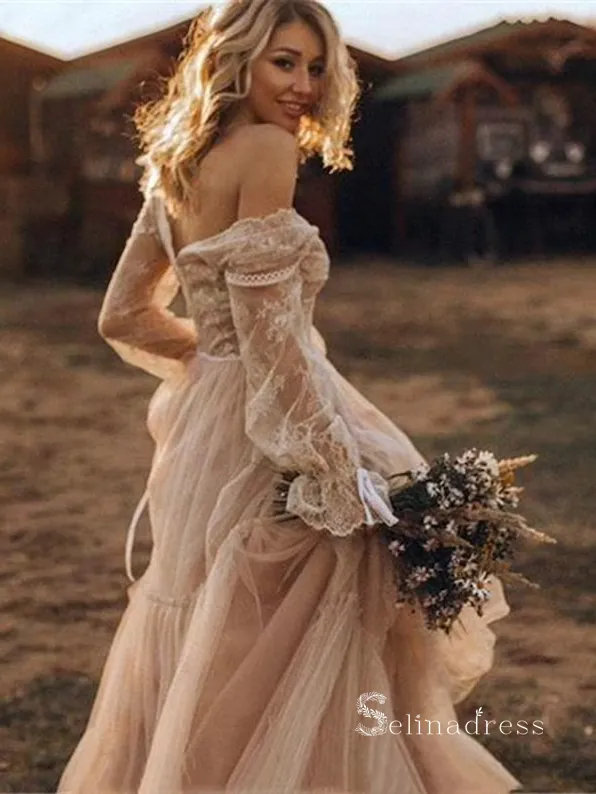 Chic A-line V neck Boho Wedding Dress With Long Sleeve Rustic Lace Bridal Gowns MLH0491
