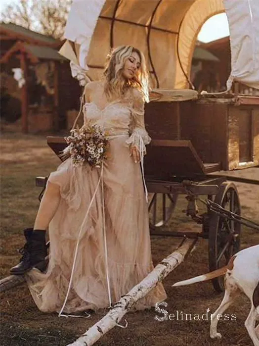 Chic A-line V neck Boho Wedding Dress With Long Sleeve Rustic Lace Bridal Gowns MLH0491