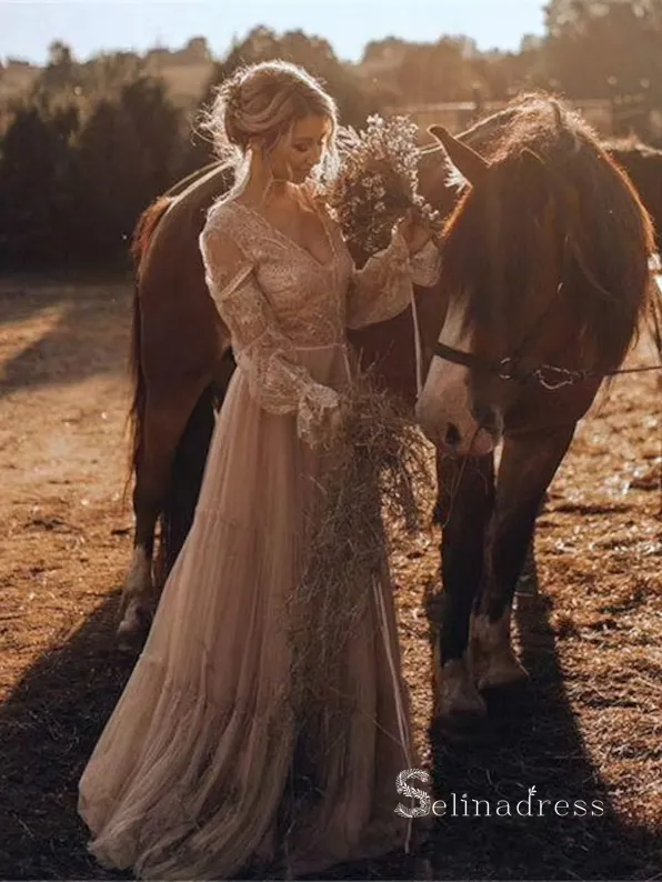 Chic A-line V neck Boho Wedding Dress With Long Sleeve Rustic Lace Bridal Gowns MLH0491