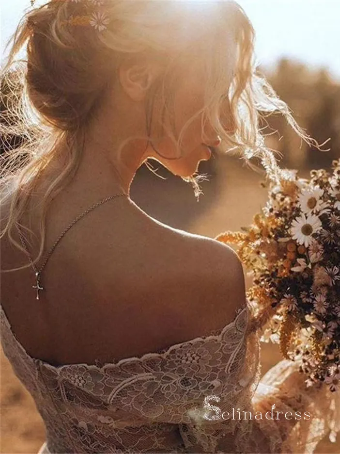 Chic A-line V neck Boho Wedding Dress With Long Sleeve Rustic Lace Bridal Gowns MLH0491