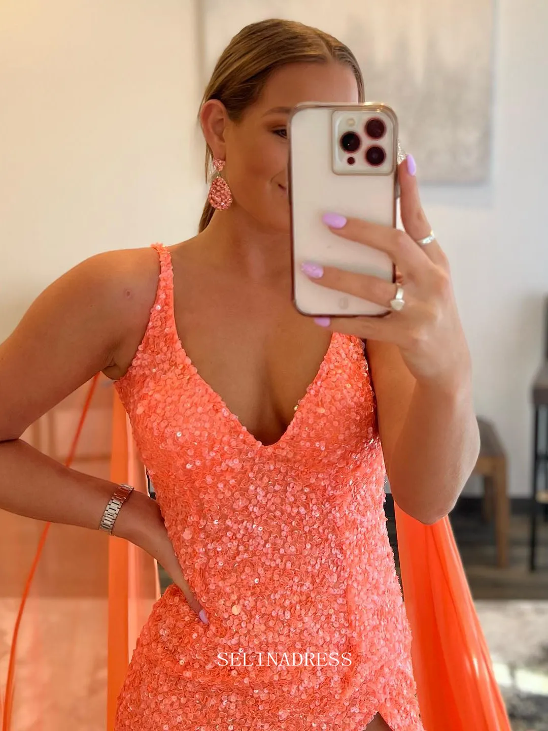 Chic Sheath/Column V neck Orange Long Prom Dresses Sequins Long Evening Dress Formal Dresses TKL073