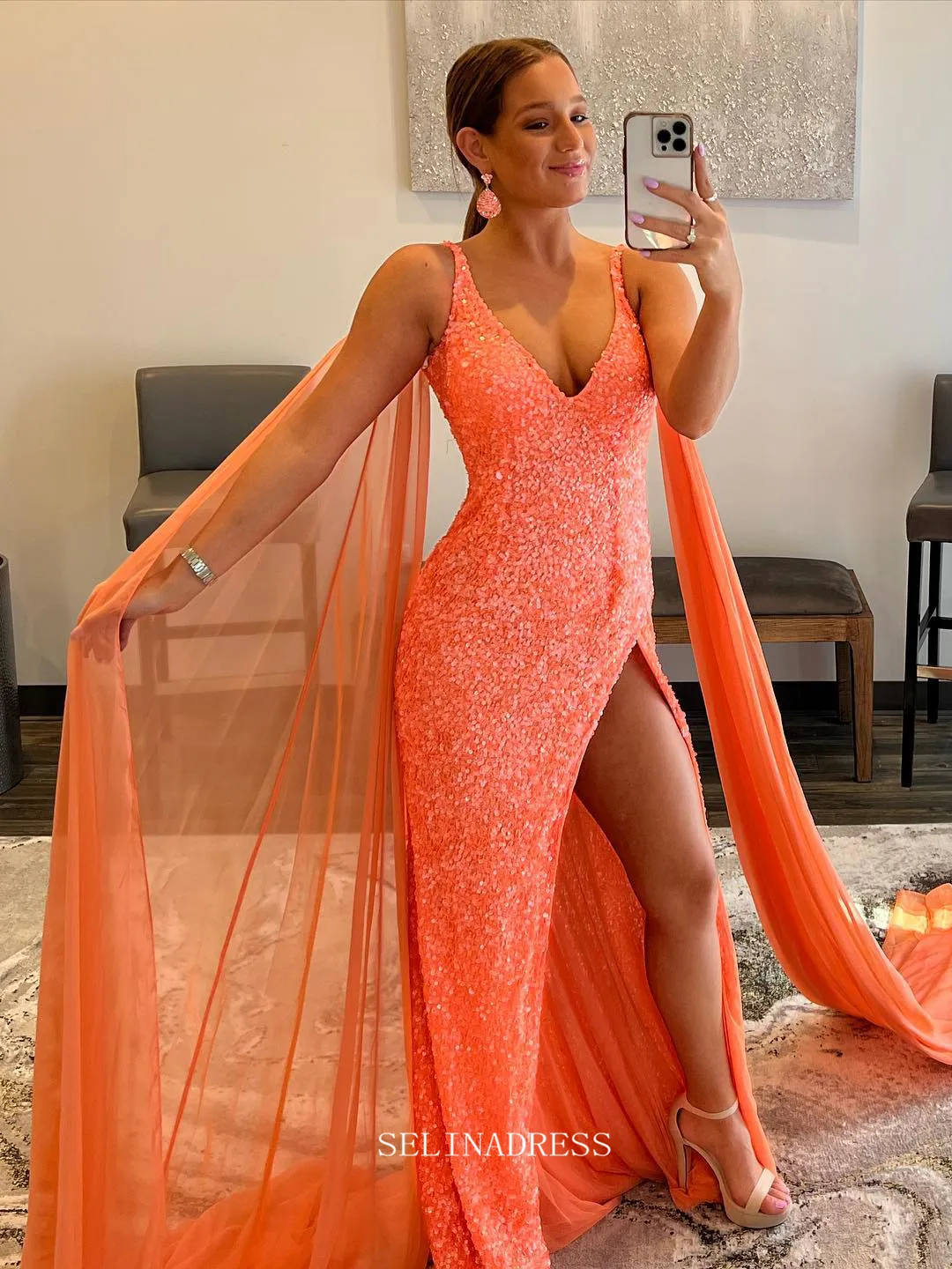 Chic Sheath/Column V neck Orange Long Prom Dresses Sequins Long Evening Dress Formal Dresses TKL073
