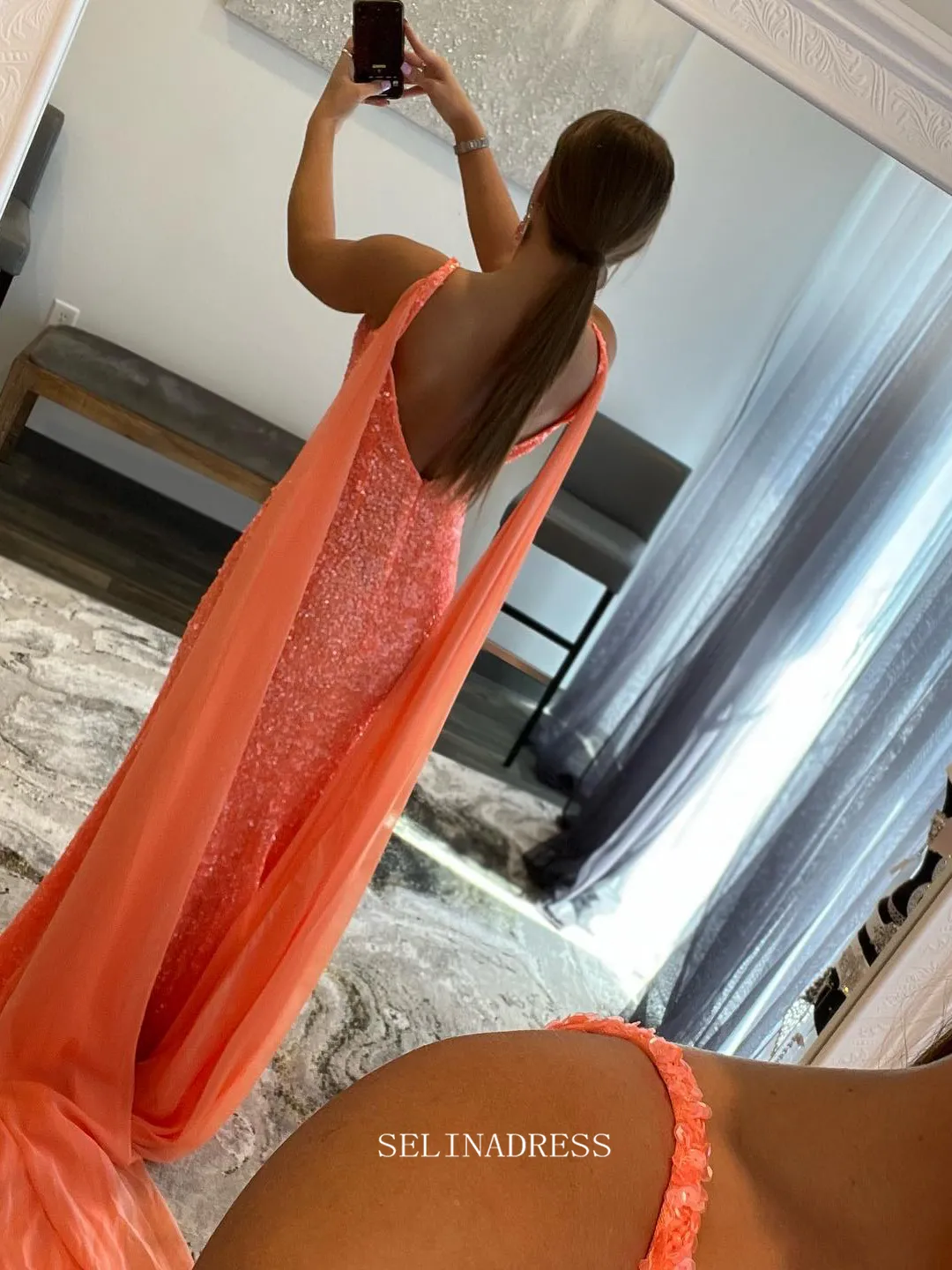 Chic Sheath/Column V neck Orange Long Prom Dresses Sequins Long Evening Dress Formal Dresses TKL073