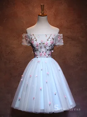 Chic Sky Blue Short Prom Dress Off-the-shoulder Homecoming Dress With Flower MHL048