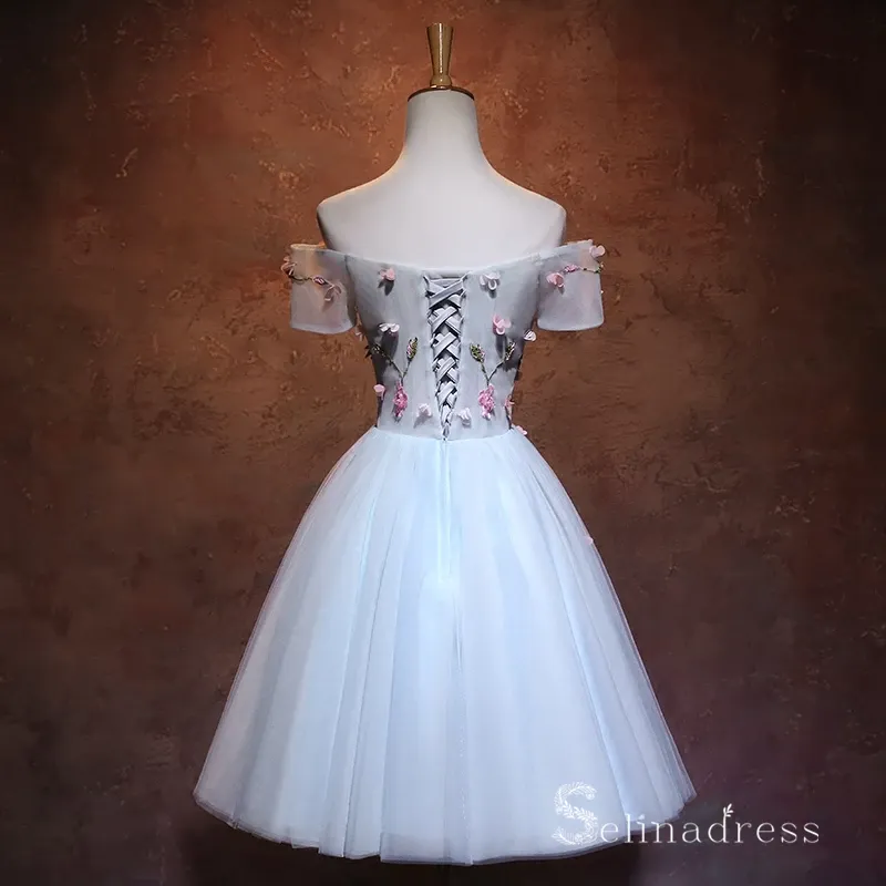 Chic Sky Blue Short Prom Dress Off-the-shoulder Homecoming Dress With Flower MHL048