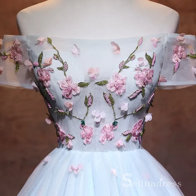 Chic Sky Blue Short Prom Dress Off-the-shoulder Homecoming Dress With Flower MHL048