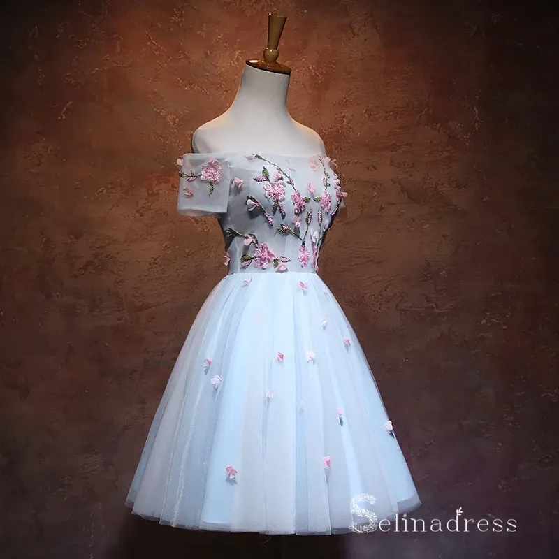Chic Sky Blue Short Prom Dress Off-the-shoulder Homecoming Dress With Flower MHL048