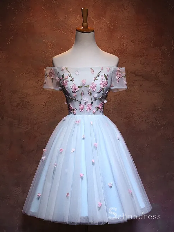 Chic Sky Blue Short Prom Dress Off-the-shoulder Homecoming Dress With Flower MHL048