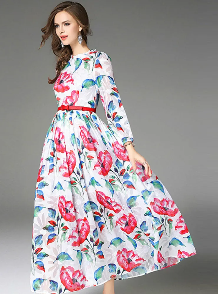 Chiffon Maxi Party Dress Floral Slim Belt Dress