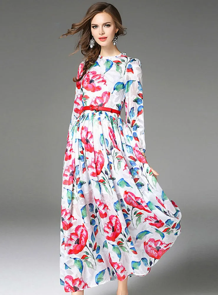 Chiffon Maxi Party Dress Floral Slim Belt Dress