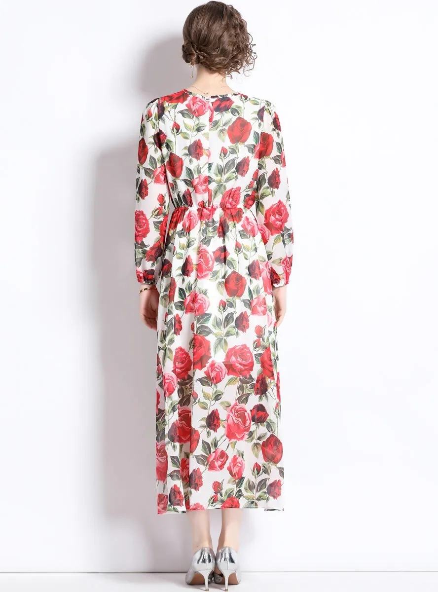 Chiffon Rose Printing Long Sleeve Casual Beach Dress