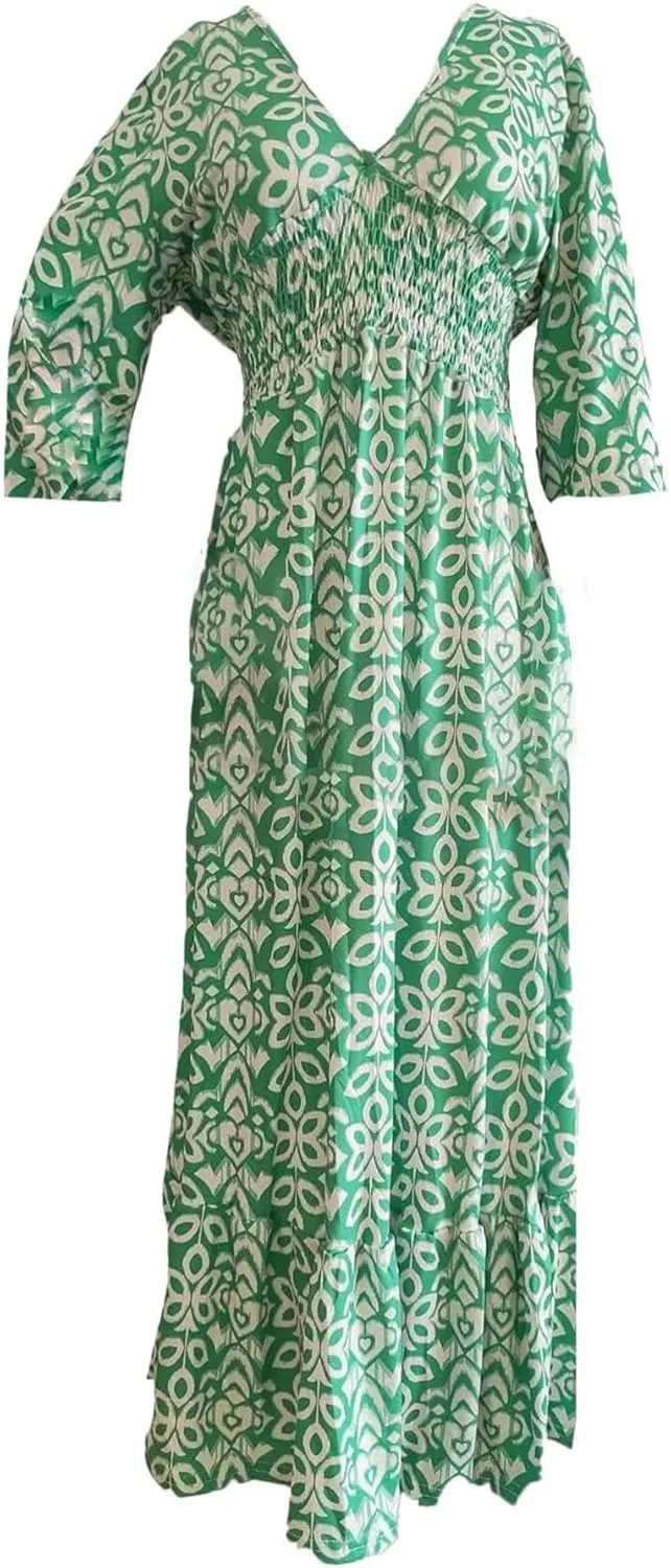 Chvity Boho Women's Summer V Neck Elastic Waist Pleated Half Sleeve Dress Floral Printed Ruffle Hem Dresses