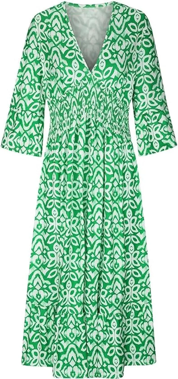 Chvity Boho Women's Summer V Neck Elastic Waist Pleated Half Sleeve Dress Floral Printed Ruffle Hem Dresses