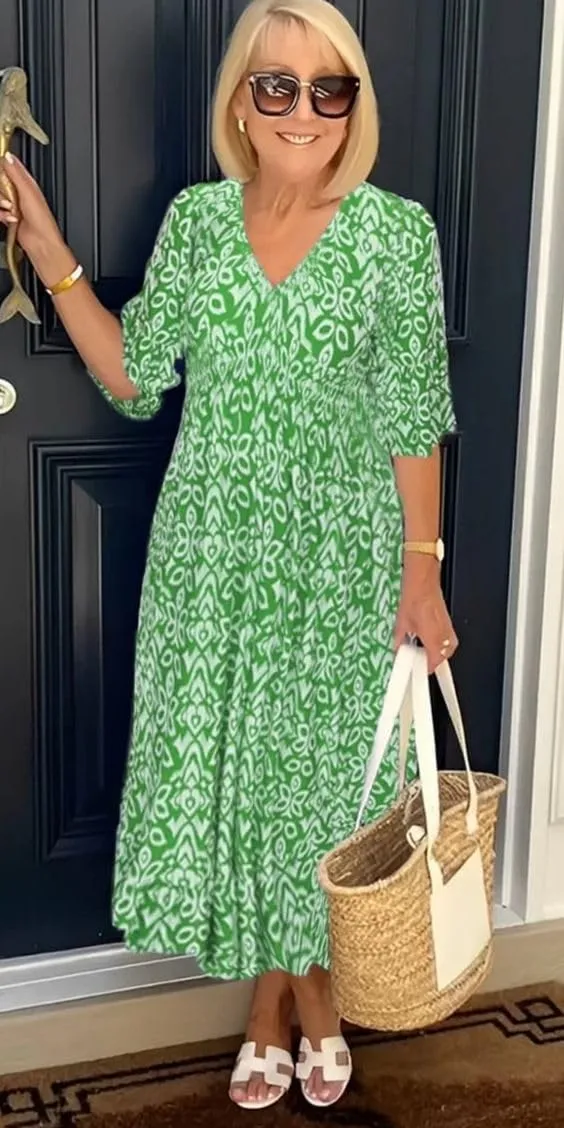 Chvity Boho Women's Summer V Neck Elastic Waist Pleated Half Sleeve Dress Floral Printed Ruffle Hem Dresses