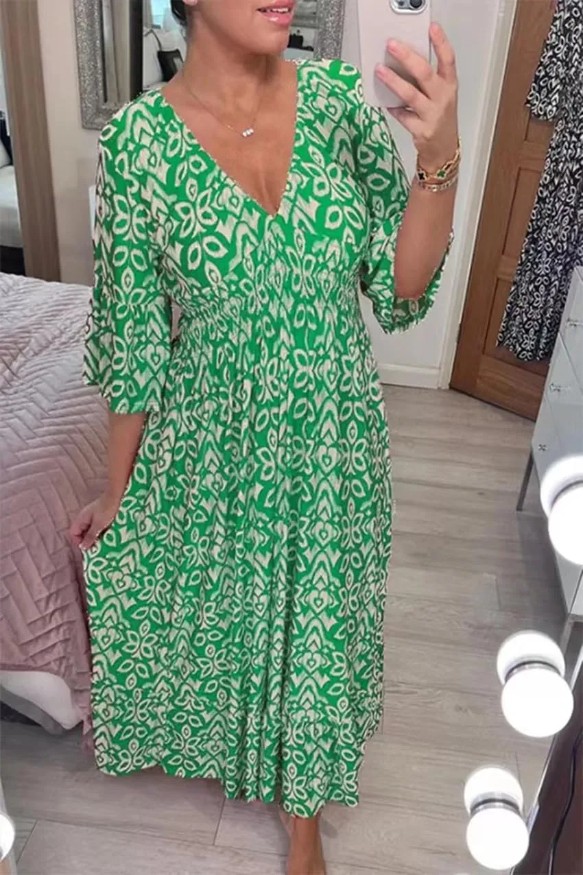 Chvity Boho Women's Summer V Neck Elastic Waist Pleated Half Sleeve Dress Floral Printed Ruffle Hem Dresses